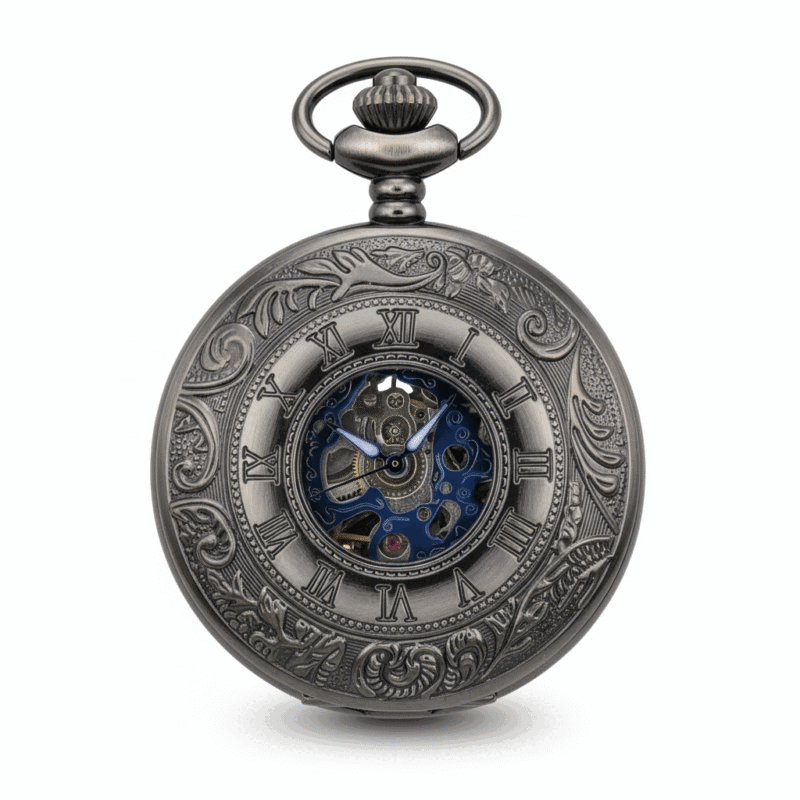 Wavy Black Half Hunter Pocket Watch With Blue pocket watch