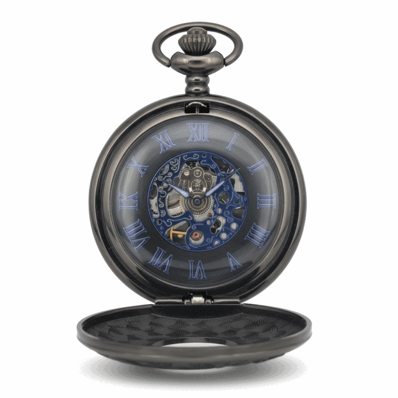 FAC-097-pocket-watch-2 Wavy Black Half Hunter Pocket Watch With Blue