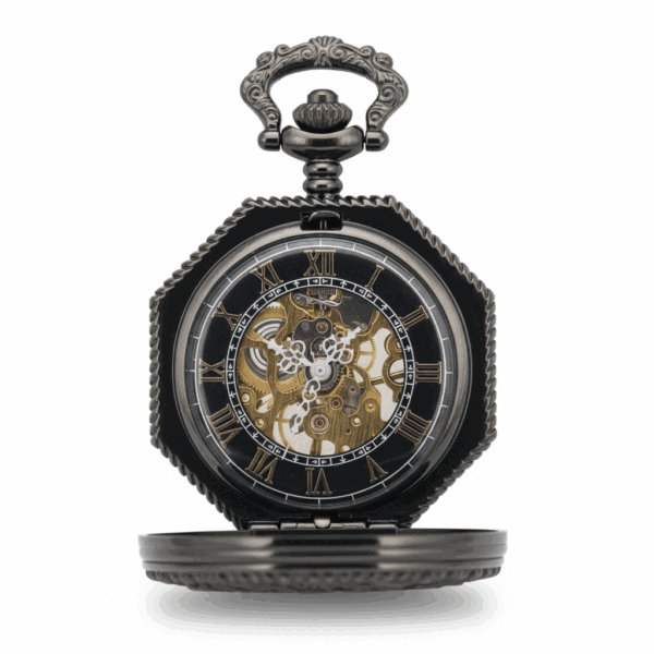 FAC-098-pocket-watch-3 Black Octagon Half Hunter Pocket Watch