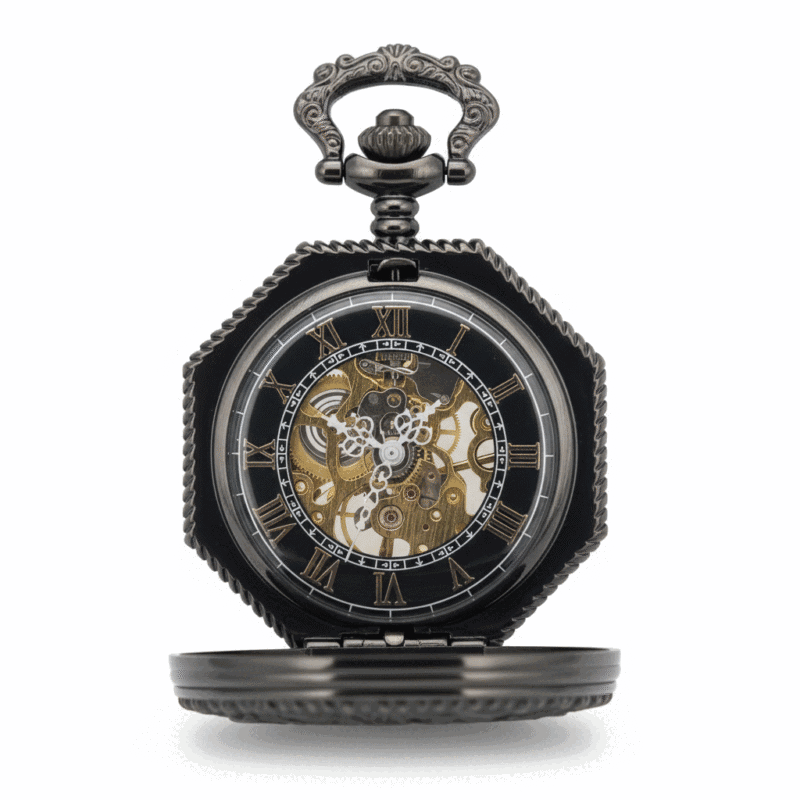 FAC-098-pocket-watch-3 Black Octagon Half Hunter Pocket Watch