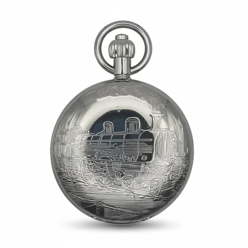 Polished Silver Locomotive Hunter Pocket Watch
