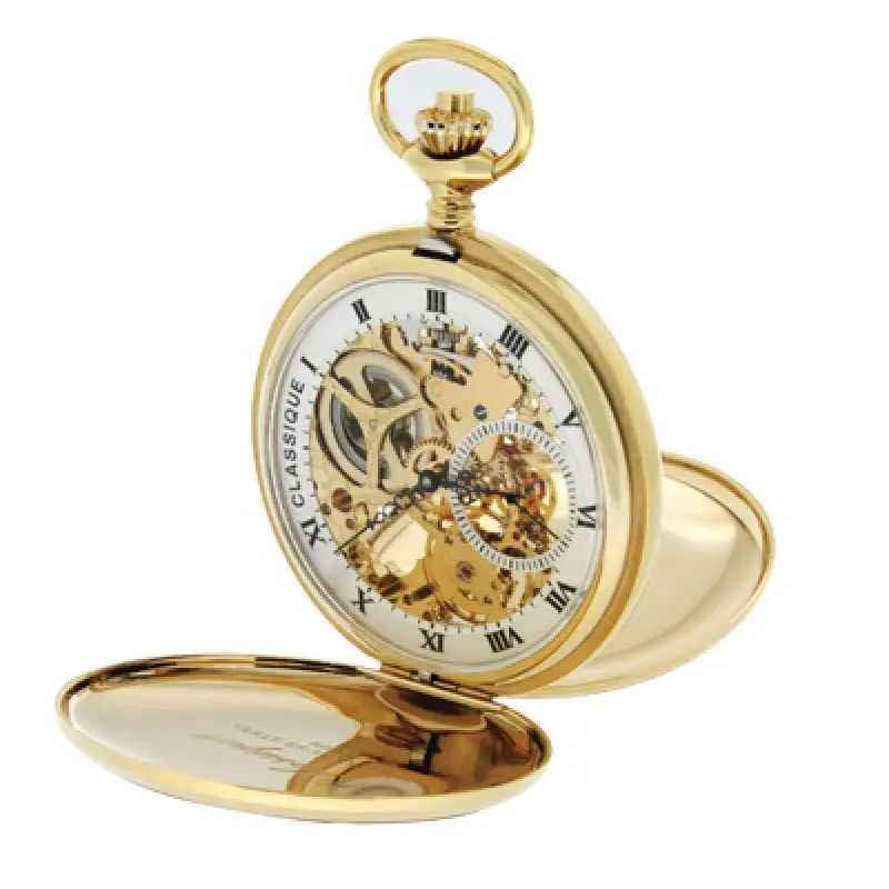 Gents 49mm Gold Plated Stainless Steel Skeleton Swiss Made Pocket Watch