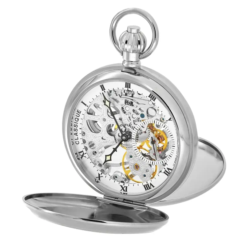Gents 49mm Rhodium Steel Skeleton Mechanical Pocket Watch