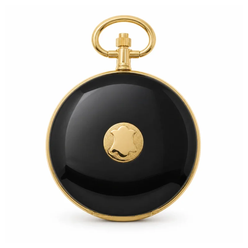 Gents 42mm Plain Black Enamel Gold Plated Swiss Quartz Pocket Watch