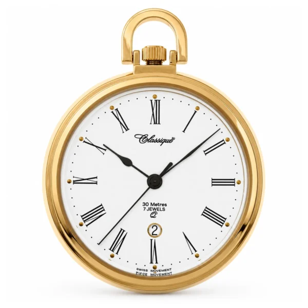 Gents 43mm Open Face Gold Plated Stainless Steel 50M Swiss Quartz Pocket Watch - image 1 Gents 43mm Open Face Gold Plated Stainless Steel 50M Swiss Quartz Pocket Watch