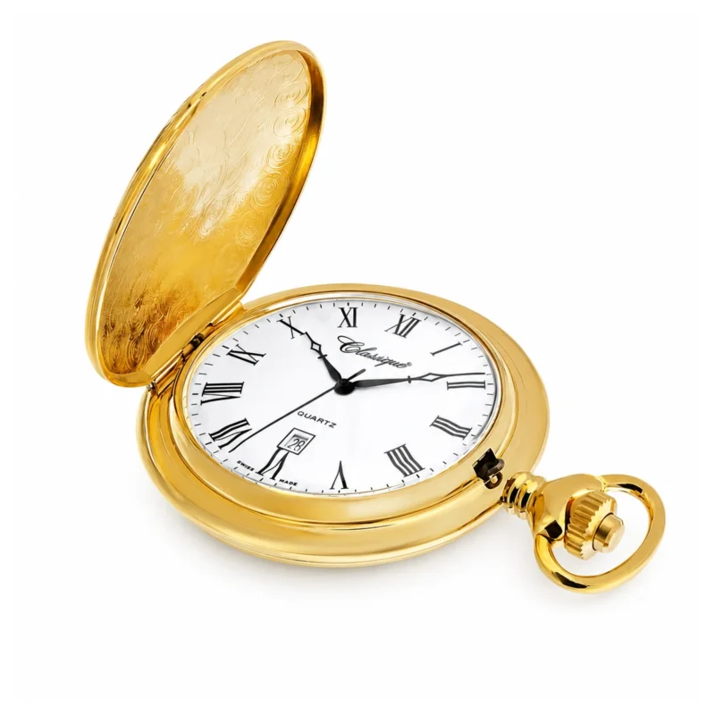 Gents 48mm Brushed Gold Plated Swiss Quartz Pocket Watch – image 2 Gents 48mm Brushed Gold Plated Swiss Quartz Pocket Watch