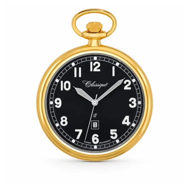Gents 48mm Gold Plated Black Dial Open Face Swiss Quartz Pocket Watch - image 1 Gents 48mm Gold Plated Black Dial Open Face Swiss Quartz Pocket Watch