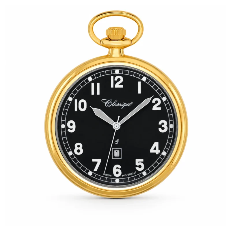 Gents 48mm Gold Plated Black Dial Open Face Swiss Quartz Pocket Watch