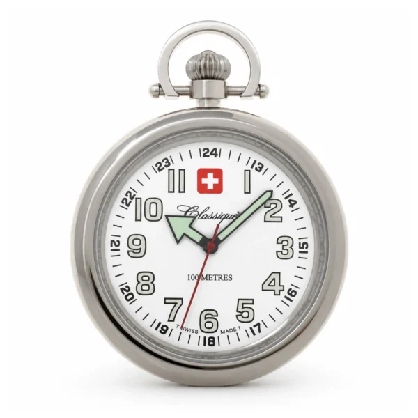 Gents 48mm Open Face Stainless Steel Swiss Quartz Pocket Watch With Complimentary Chain
