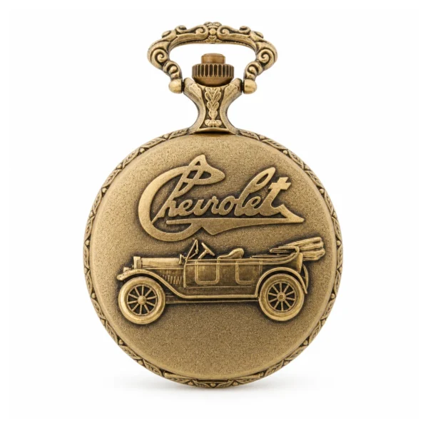 Gents 48mm Pewter Antique Gold Plated "Chevrolet" Swiss Quartz Pocket Watch - image 2 Gents 48mm Pewter Antique Gold Plated "Chevrolet" Swiss Quartz Pocket Watch