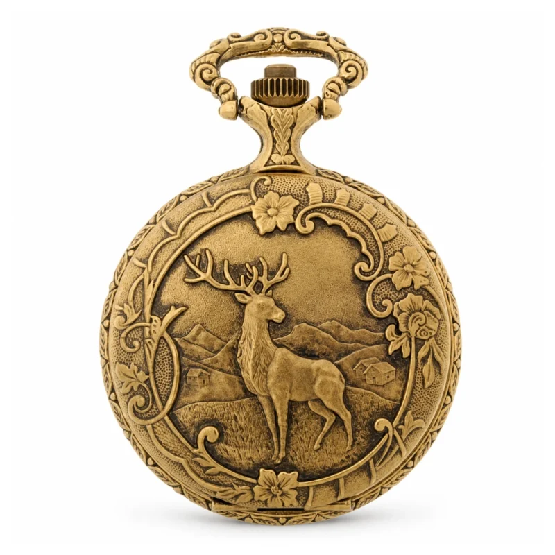 Gents 48mm Pewter Antique Gold Plated "Deer" Swiss Quartz Pocket Watch