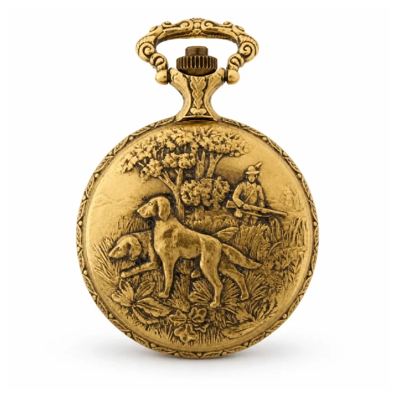 Gents 48mm Pewter Antique Gold Plated “Deer” Swiss Quartz Pocket Watch – image 2 Gents 48mm Pewter Antique Gold Plated "Deer" Swiss Quartz Pocket Watch
