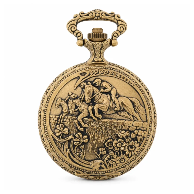 Gents 48mm Pewter Antique Gold Plated "Equestrian" Swiss Quartz Pocket Watch