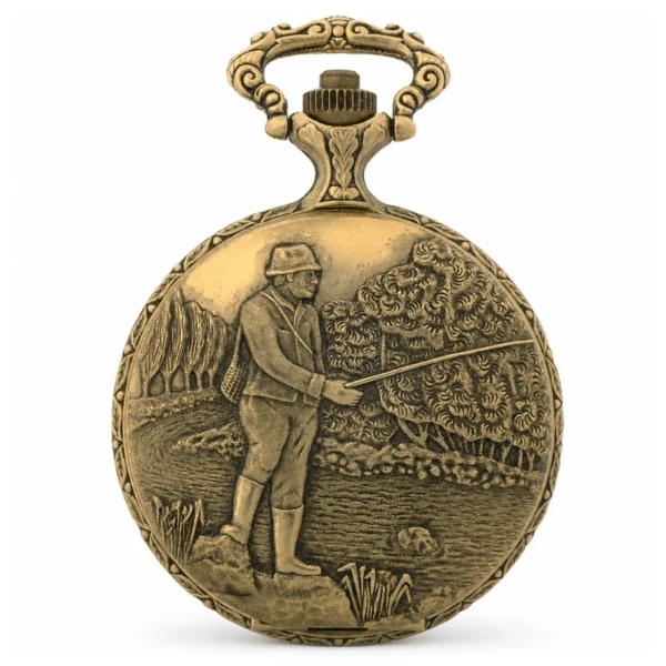 Gents 48mm Pewter Antique Gold Plated "Fisherman" Swiss Quartz Pocket Watch