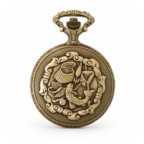 Gents 48mm Pewter Antique Gold Plated "Fisherman" Swiss Quartz Pocket Watch