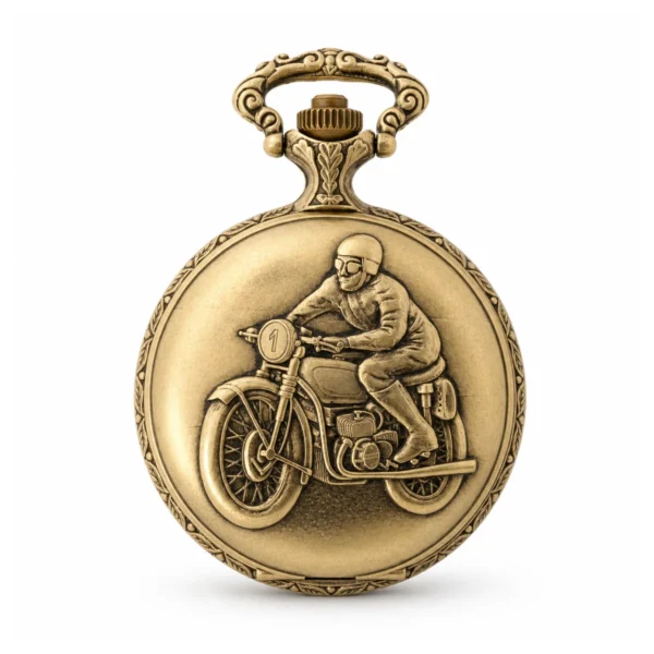 Gents 48mm Pewter Antique Gold Plated "Man on Bike" Swiss Quartz Pocket Watch - image 1 Gents 48mm Pewter Antique Gold Plated "Man on Bike" Swiss Quartz Pocket Watch