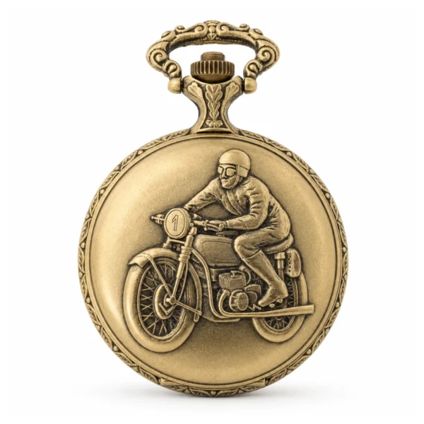 Gents 48mm Pewter Antique Gold Plated "Man on Bike" Swiss Quartz Pocket Watch - image 2 Gents 48mm Pewter Antique Gold Plated "Man on Bike" Swiss Quartz Pocket Watch