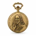 Gents 48mm Pewter Antique Gold Plated "St. Christopher" Swiss Quartz Pocket Watch
