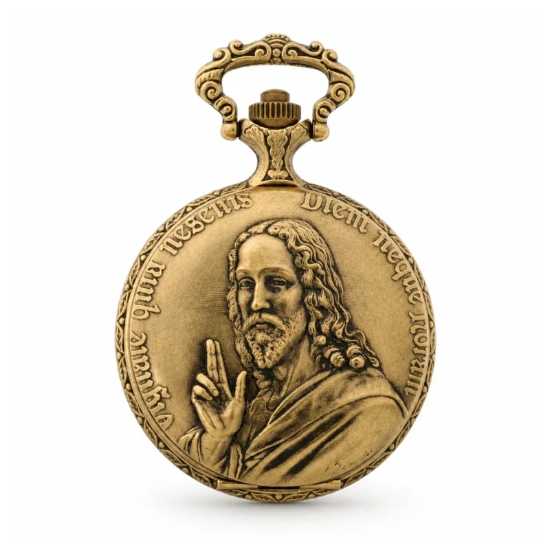 Gents 48mm Pewter Antique Gold Plated "St. Christopher" Swiss Quartz Pocket Watch