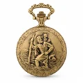Gents 48mm Pewter Antique Gold Plated "St. Christopher" Swiss Quartz Pocket Watch