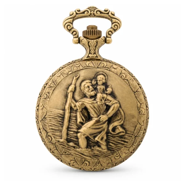 Gents 48mm Pewter Antique Gold Plated "St. Christopher" Swiss Quartz Pocket Watch - image 2 Gents 48mm Pewter Antique Gold Plated "St. Christopher" Swiss Quartz Pocket Watch