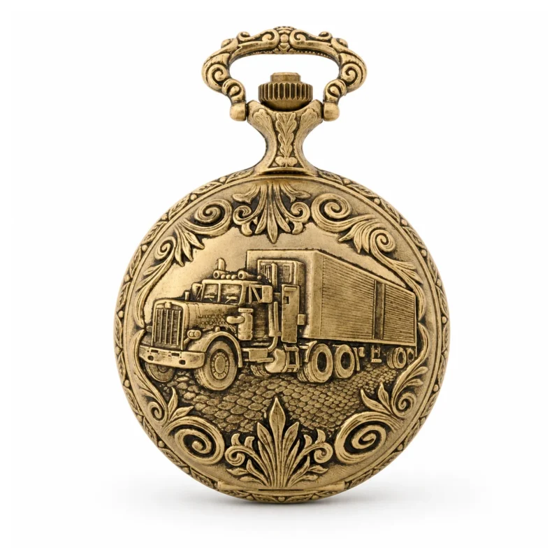 Gents 48mm Pewter Antique Gold Plated "Truck" Swiss Quartz Pocket Watch