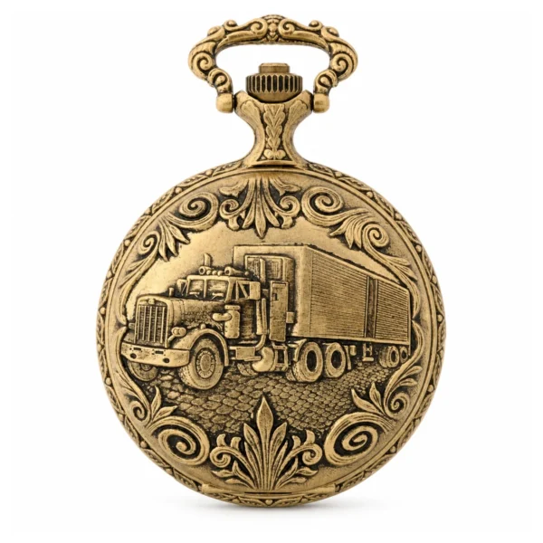 Gents 48mm Pewter Antique Gold Plated "Truck" Swiss Quartz Pocket Watch