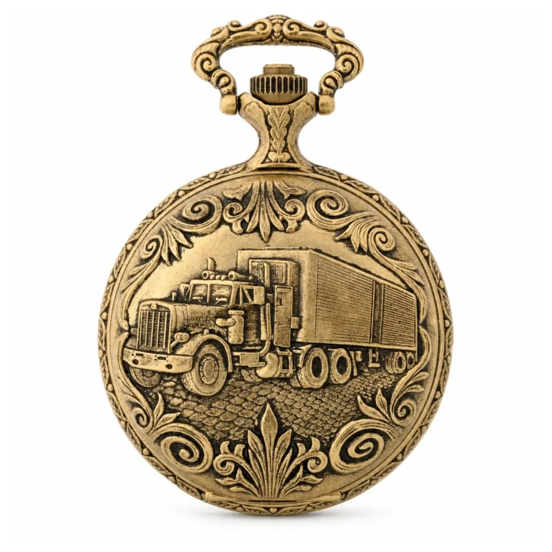 Gents 48mm Pewter Antique Gold Plated “Truck” Swiss Quartz Pocket Watch – image 2 Gents 48mm Pewter Antique Gold Plated "Truck" Swiss Quartz Pocket Watch