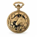 Gents 48mm Pewter Antique Gold Plated "Two Horses" Swiss Quartz Pocket Watch