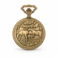 Gents 48mm Pewter Antique Gold Plated "Two Horses" Swiss Quartz Pocket Watch