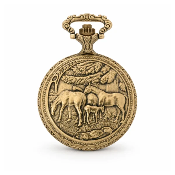 Gents 48mm Pewter Antique Gold Plated "Two Horses" Swiss Quartz Pocket Watch - image 2 Gents 48mm Pewter Antique Gold Plated "Two Horses" Swiss Quartz Pocket Watch