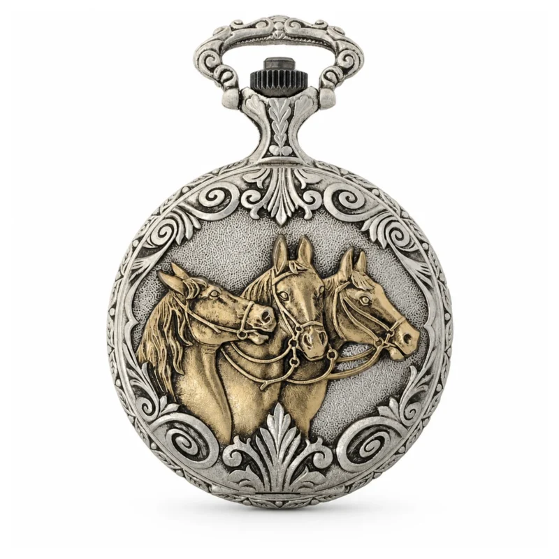 Gents 48mm Pewter Antique Two Tone Gold Plated "Three Horses" Swiss Quartz Pocket Watch