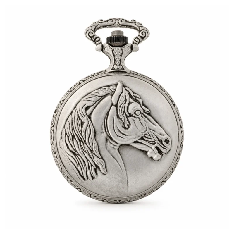 Gents 48mm Pewter Antique Two Tone Gold Plated “Three Horses” Swiss Quartz Pocket Watch – image 2 Gents 48mm Pewter Antique Two Tone Gold Plated "Three Horses" Swiss Quartz Pocket Watch
