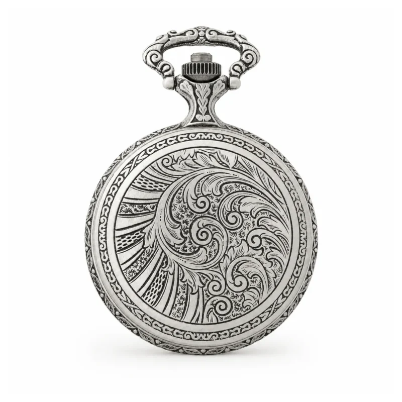 Gents 48mm Pewter Antique Rhodium Plated Swiss Quartz Pocket Watch – image 2 Gents 48mm Pewter Antique Rhodium Plated Swiss Quartz Pocket Watch