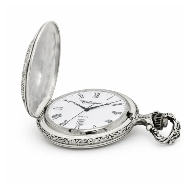 Gents 48mm Pewter Antique Rhodium Plated Swiss Quartz Pocket Watch