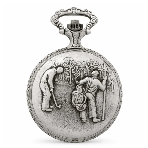 Gents 48mm Pewter Antique Rhodium Plated "Golf" Swiss Quartz Pocket Watch - image 2 Gents 48mm Pewter Antique Rhodium Plated "Golf" Swiss Quartz Pocket Watch