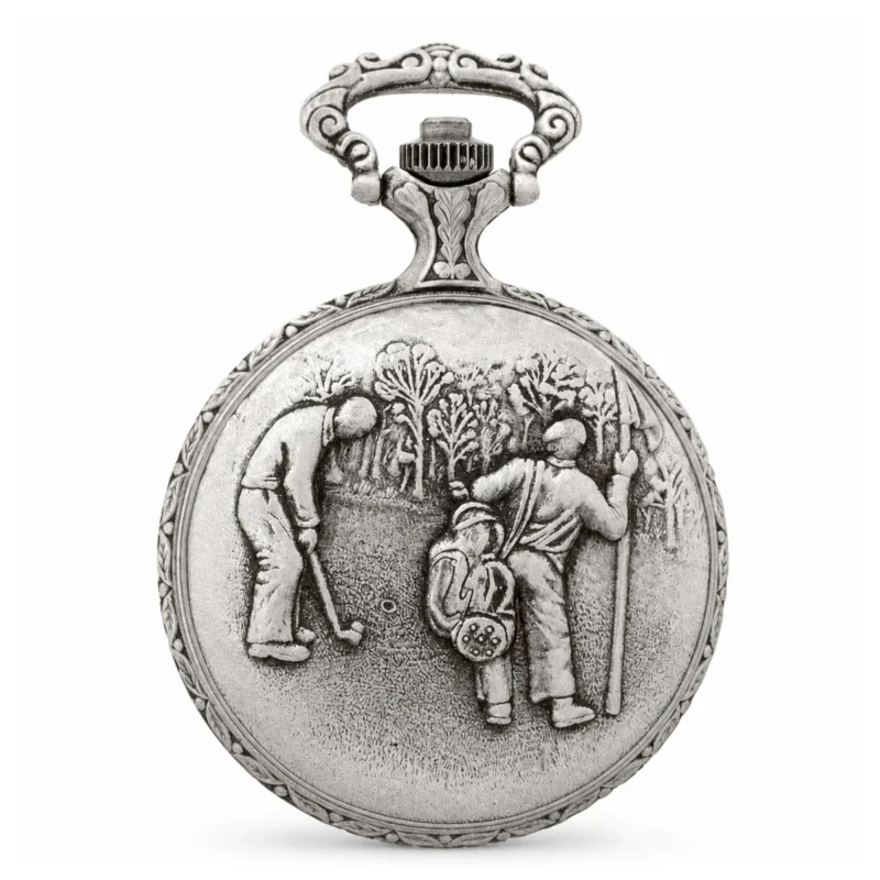 Gents 48mm Pewter Antique Rhodium Plated “Golf” Swiss Quartz Pocket Watch – image 2 Gents 48mm Pewter Antique Rhodium Plated "Golf" Swiss Quartz Pocket Watch