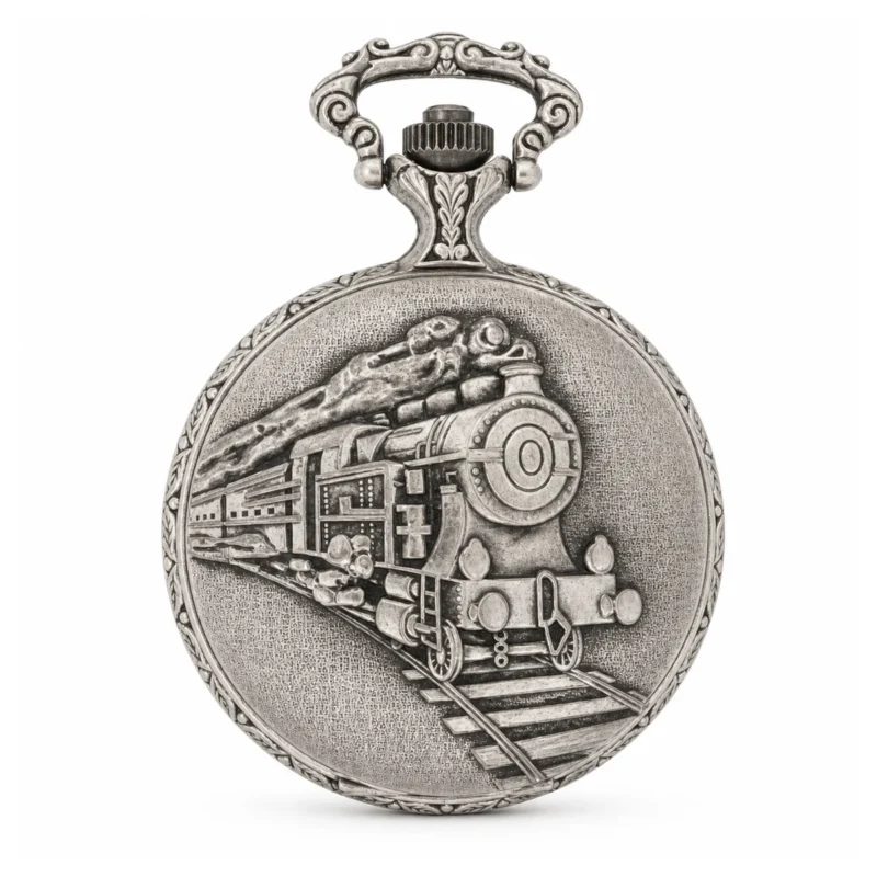 Gents 48mm Pewter Antique Rhodium Plated "Train" Swiss Quartz Pocket Watch