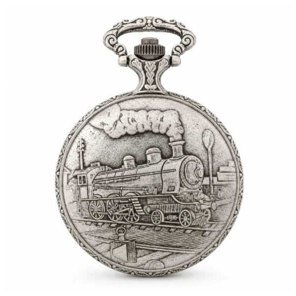 Gents 48mm Pewter Antique Rhodium Plated "Train" Swiss Quartz Pocket Watch - image 2 Gents 48mm Pewter Antique Rhodium Plated "Train" Swiss Quartz Pocket Watch