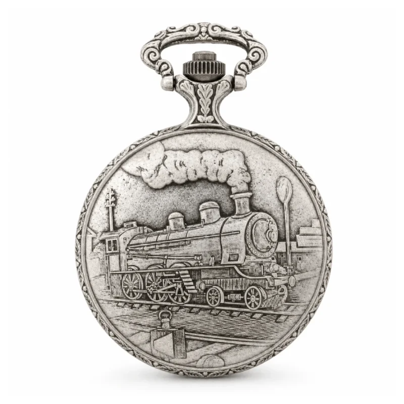 Gents 48mm Pewter Antique Rhodium Plated “Train” Swiss Quartz Pocket Watch – image 2 Gents 48mm Pewter Antique Rhodium Plated "Train" Swiss Quartz Pocket Watch