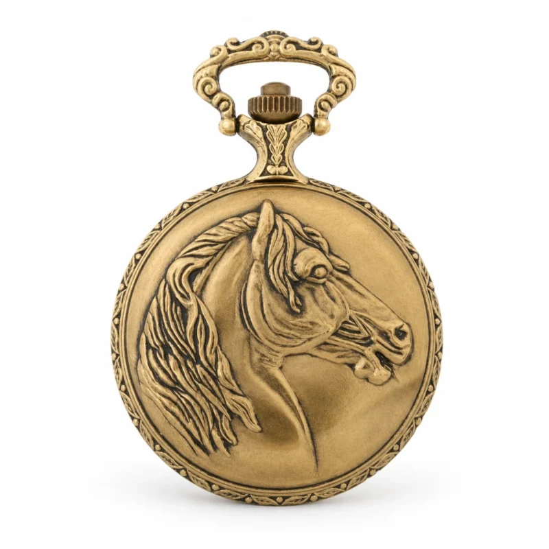 Gents 48mm Pewter Antique Gold Plated "Three Horses" Swiss Quartz Pocket Watch