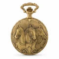 Gents 48mm Pewter Antique Gold Plated "Three Horses" Swiss Quartz Pocket Watch