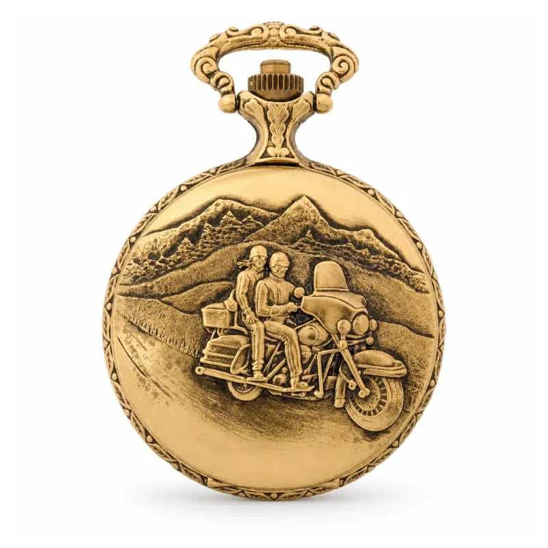 Gents 48mm Pewter Antique Gold Plated "Touring Couple" Swiss Quartz Pocket Watch