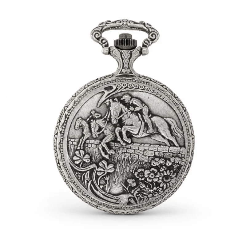 Gents 48mm Pewter Antique Rhodium Plated "Equestrian" Swiss Quartz Pocket Watch