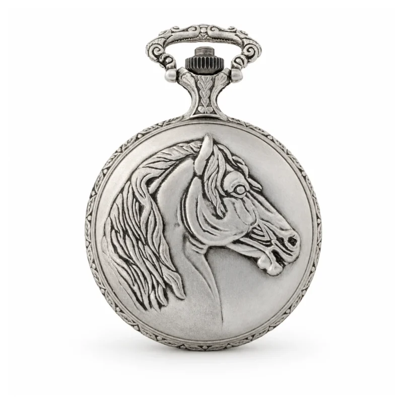 Gents 48mm Pewter Antique Rhodium Plated “Equestrian” Swiss Quartz Pocket Watch – image 2 Gents 48mm Pewter Antique Rhodium Plated "Equestrian" Swiss Quartz Pocket Watch