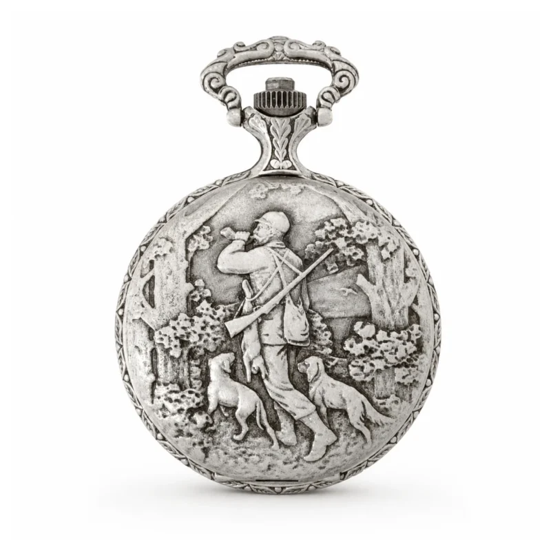 Gents 48mm Pewter Antique Rhodium Plated "Hunter" Swiss Quartz Pocket Watch