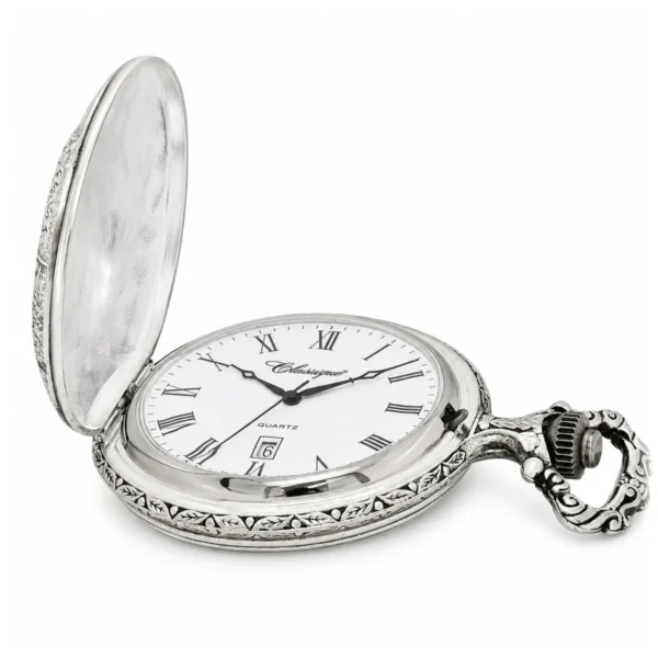 Gents 48mm Pewter Antique Rhodium Plated "Hunter" Swiss Quartz Pocket Watch - image 3 Gents 48mm Pewter Antique Rhodium Plated "Hunter" Swiss Quartz Pocket Watch