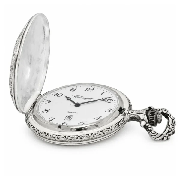 Gents 48mm Pewter Antique Rhodium Plated "Hunter" Swiss Quartz Pocket Watch - image 4 Gents 48mm Pewter Antique Rhodium Plated "Hunter" Swiss Quartz Pocket Watch