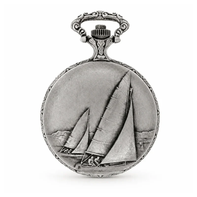 Gents 48mm Pewter Antique Rhodium Plated "Sailing Boat" Swiss Quartz Pocket Watch