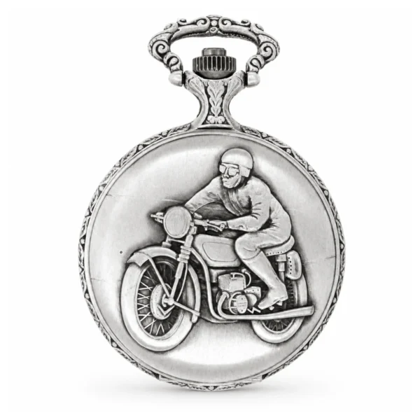 Gents 48mm Pewter Antique Rhodium Plated "Man on Bike" Swiss Quartz Pocket Watch - image 1 Gents 48mm Pewter Antique Rhodium Plated "Man on Bike" Swiss Quartz Pocket Watch